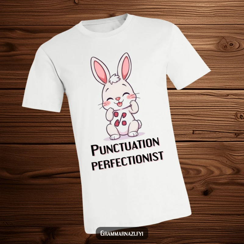 Funny T-Shirt: A giggling bunny meticulously straightens a perfect apostrophe, celebrating linguistic precision with humor.