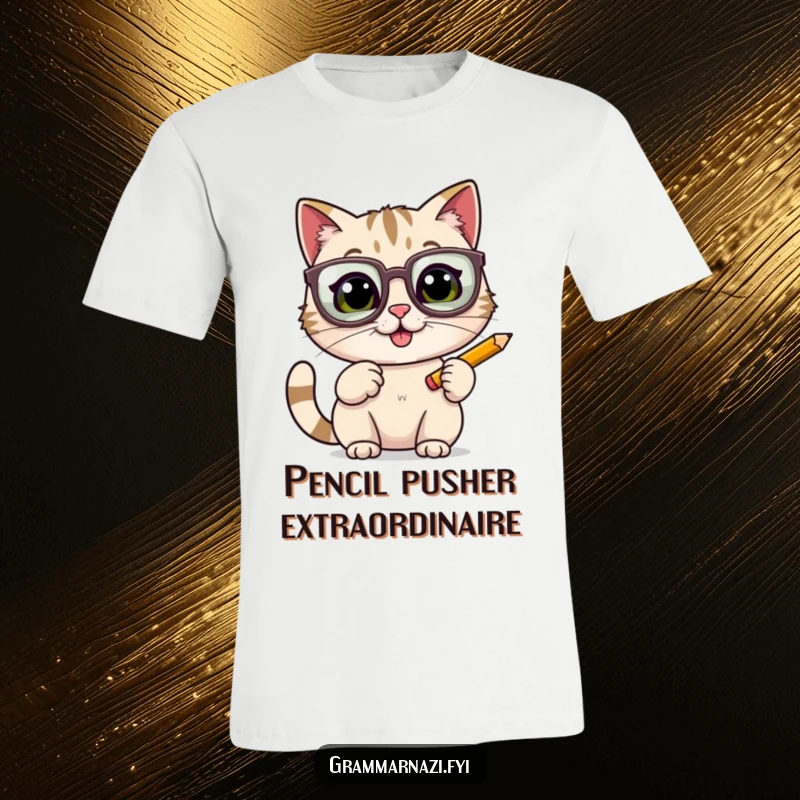 Funny cat in oversized glasses energetically tapping a pencil, printed on a t-shirt, for witty and studious individuals.