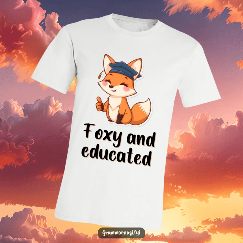 Funny t-shirt featuring a cheerful fox wearing a graduation cap and giving a thumbs up, perfect for graduates.