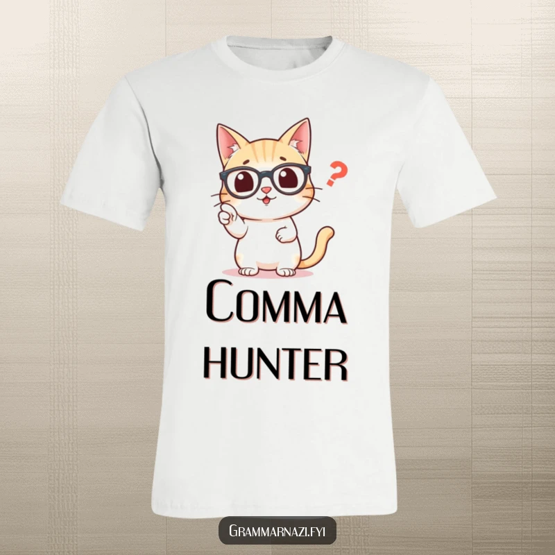 Funny t-shirt with a studious cat wearing glasses, emphatically pointing at a lone misplaced comma.