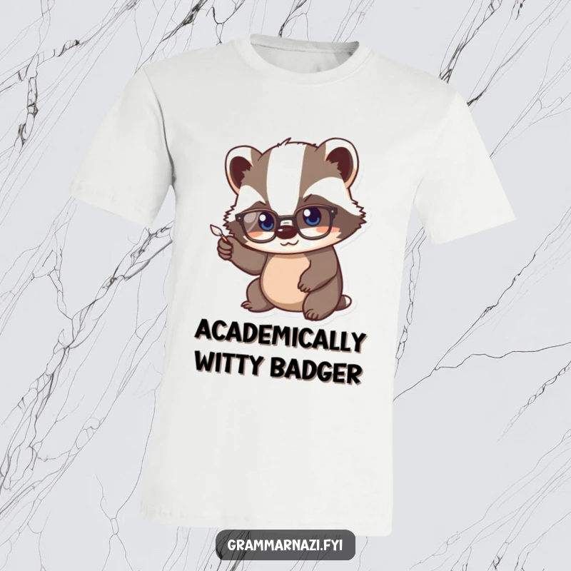 Funny Kawaii Badger T-Shirt: A cute badger with spectacles vigorously points a tiny quill, representing scholarly pursuits and dedication.