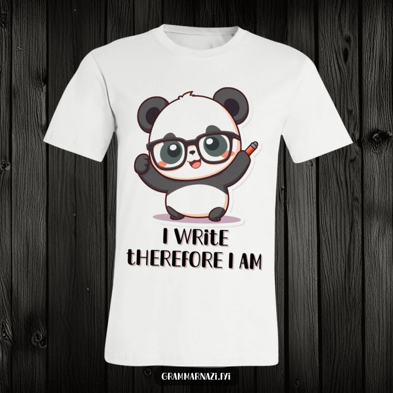 Funny panda in glasses holding a red pen triumphantly, printed on a t-shirt, representing intellect and humor for nerds.