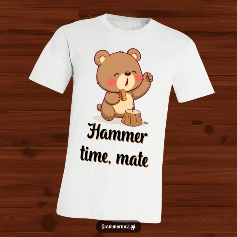 Funny t-shirt of a determined bear focused on enthusiastically hammering a very small nail into a piece of wood, a comedic scene.