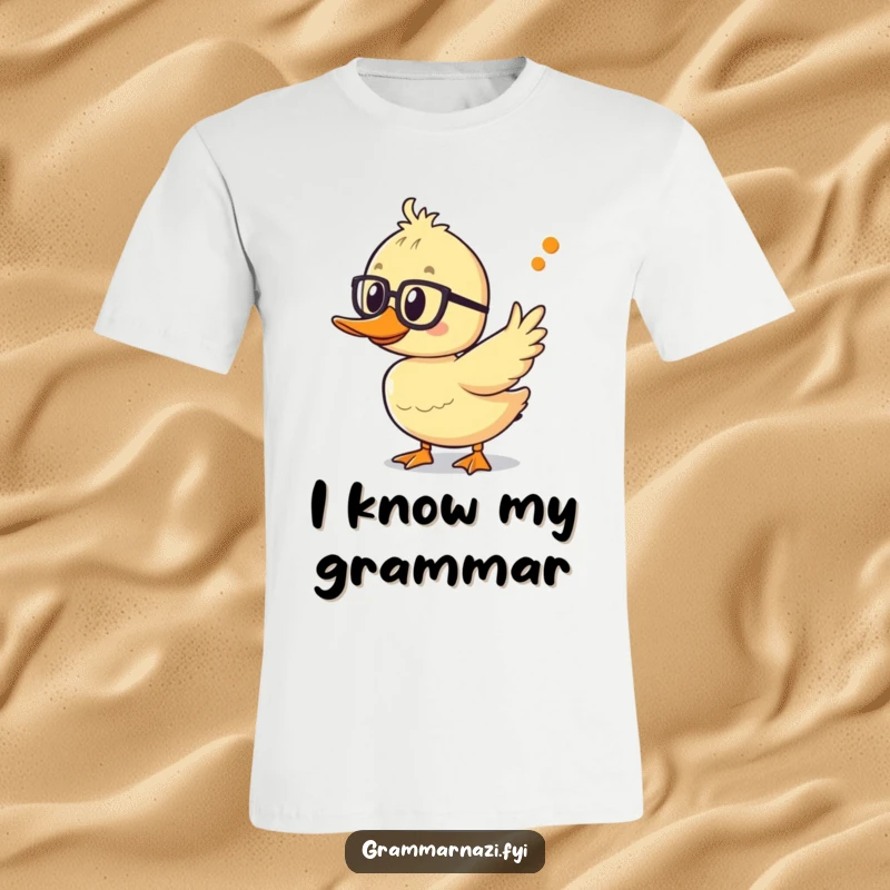 Funny duckling t-shirt wearing spectacles, pointing at an apostrophe, ideal for grammar lovers and pun aficionados.