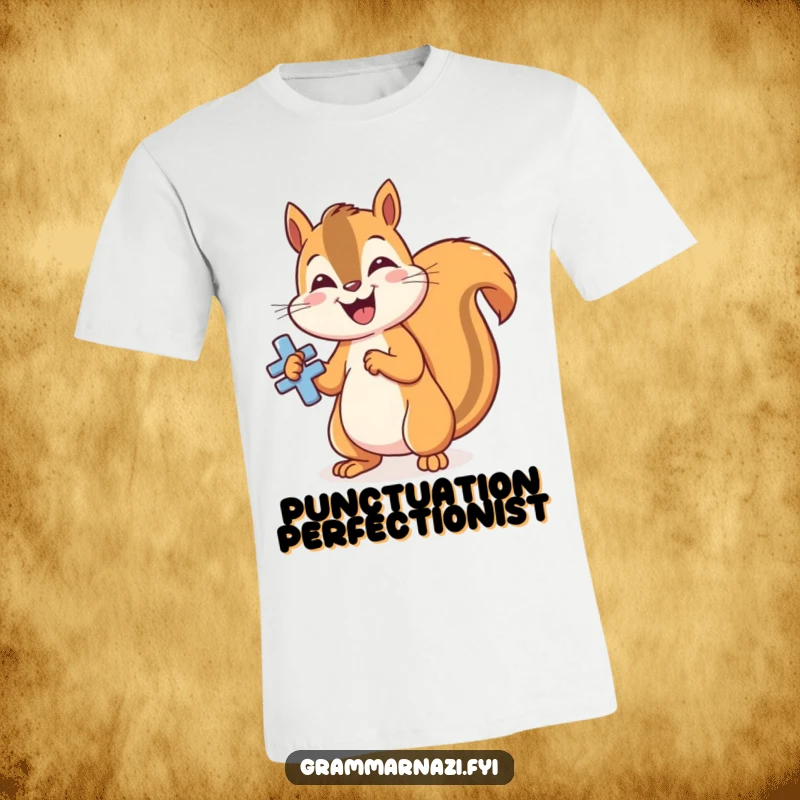Funny squirrel t-shirt, gleefully polishing a shiny, perfectly formed grammatical symbol, humorous apparel for writers and editors.