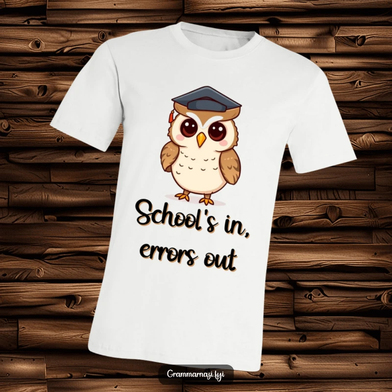 Funny t-shirt featuring a curious owl in a mortarboard hat, correcting punctuation marks, a witty academic gift.