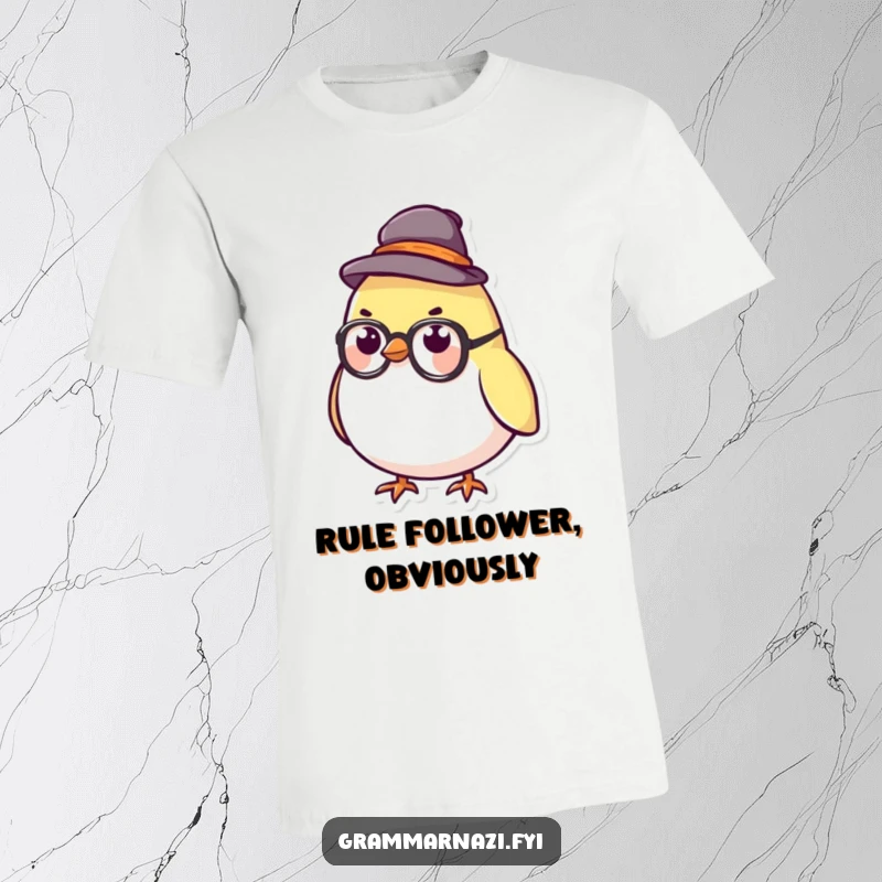 Funny T-Shirt with a round bird wearing a small stern hat and glasses, embodying academic humor and wit.