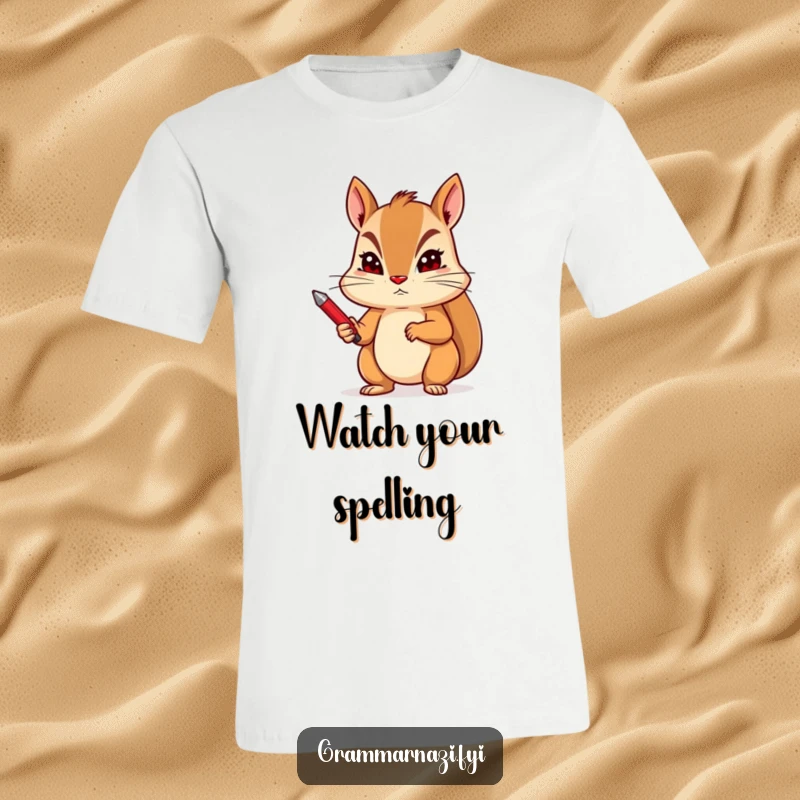 Funny t-shirt featuring a determined squirrel holding a red pen with a stern expression, a symbol of editing.