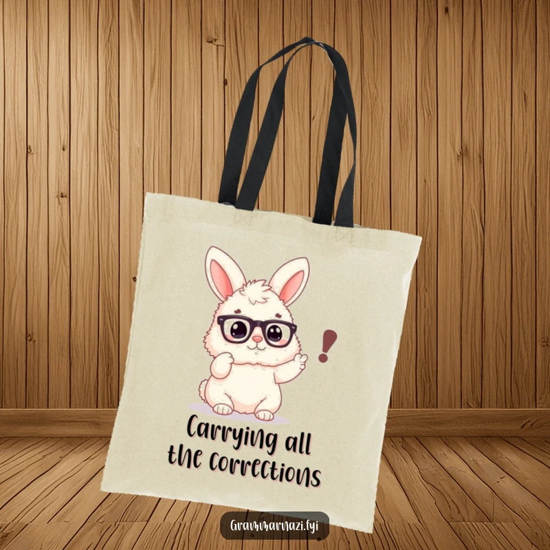 Funny tote bag with a fluffy bunny wearing spectacles, pointing emphatically at a misplaced comma, perfect for book lovers.