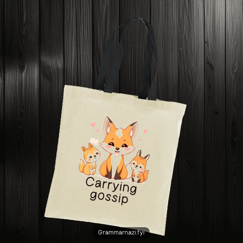 Funny tote bag with a smiling fox whispering to happy woodland creatures. Nature's gossip.