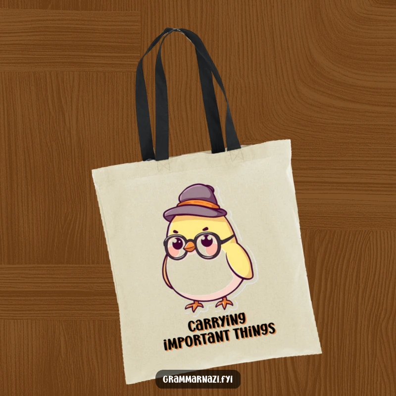 Funny Tote Bag with a small, round bird wearing a stern hat and glasses, symbolizing intelligence and witty style.