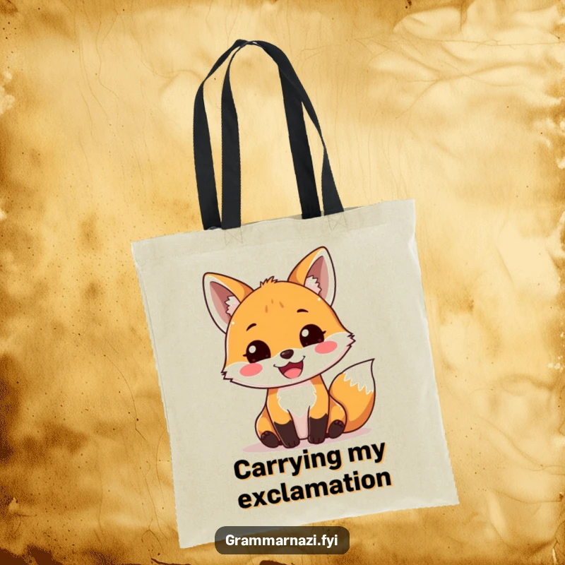 Funny Tote Bag: A joyful fox joyfully places a perfect exclamation mark, perfect for carrying essentials with a grammatical flourish.