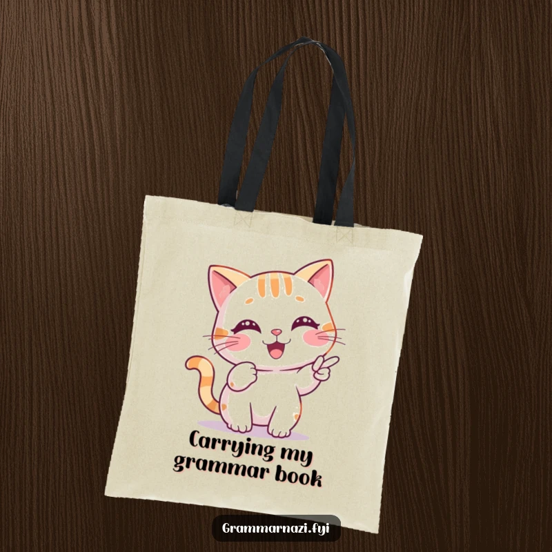 Funny Tote Bag with a cheerful cat character pointing at a misplaced comma, symbolizing grammar expertise and style.