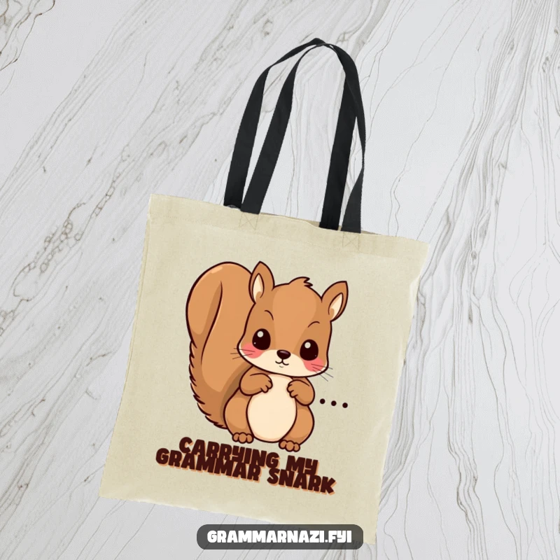 Funny tote bag with a kawaii squirrel meticulously checking for grammatical errors, a practical and humorous accessory.