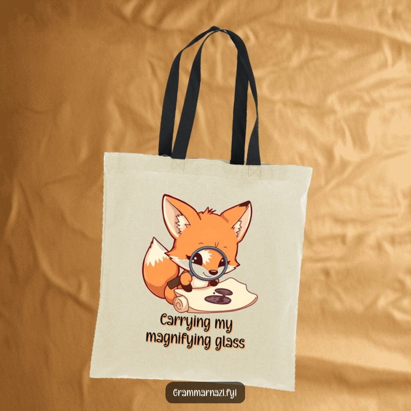 Funny fox tote bag, magnifying glass on tiny ink splotch on scroll, humorous and practical accessory for book lovers.