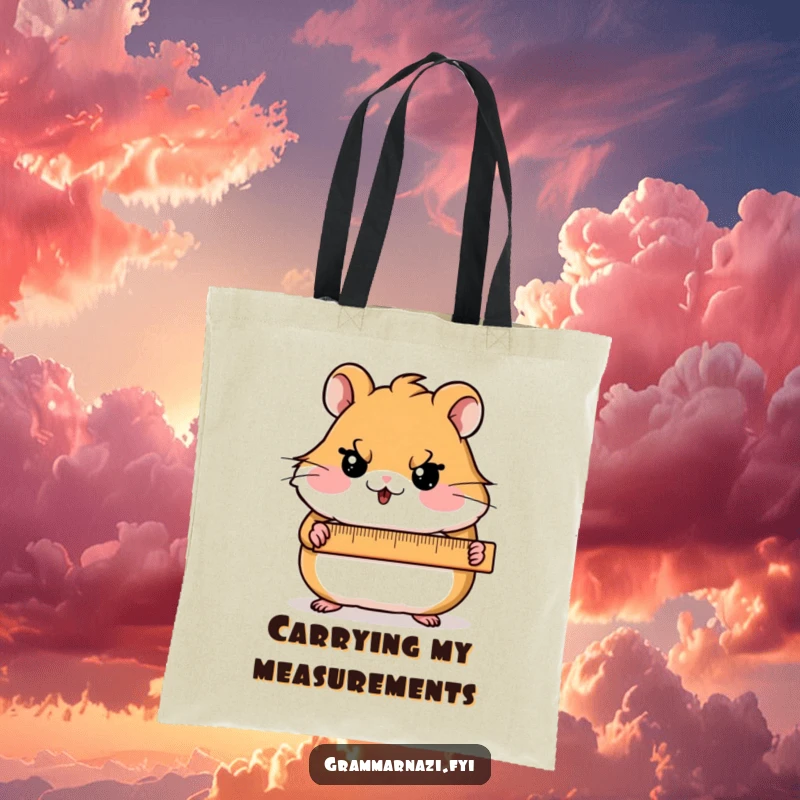 Funny Tote Bag with a blushing hamster character holding a ruler and a stern look, symbolizing precision and organization.