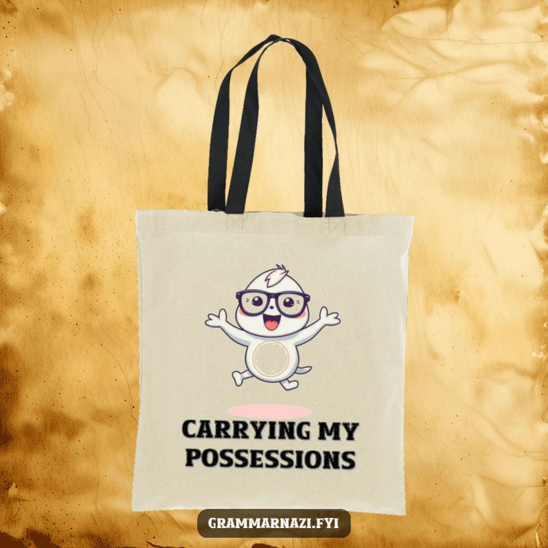 Funny tote bag showing a happy creature dancing around a curved apostrophe, perfect for carrying books and essentials with flair.