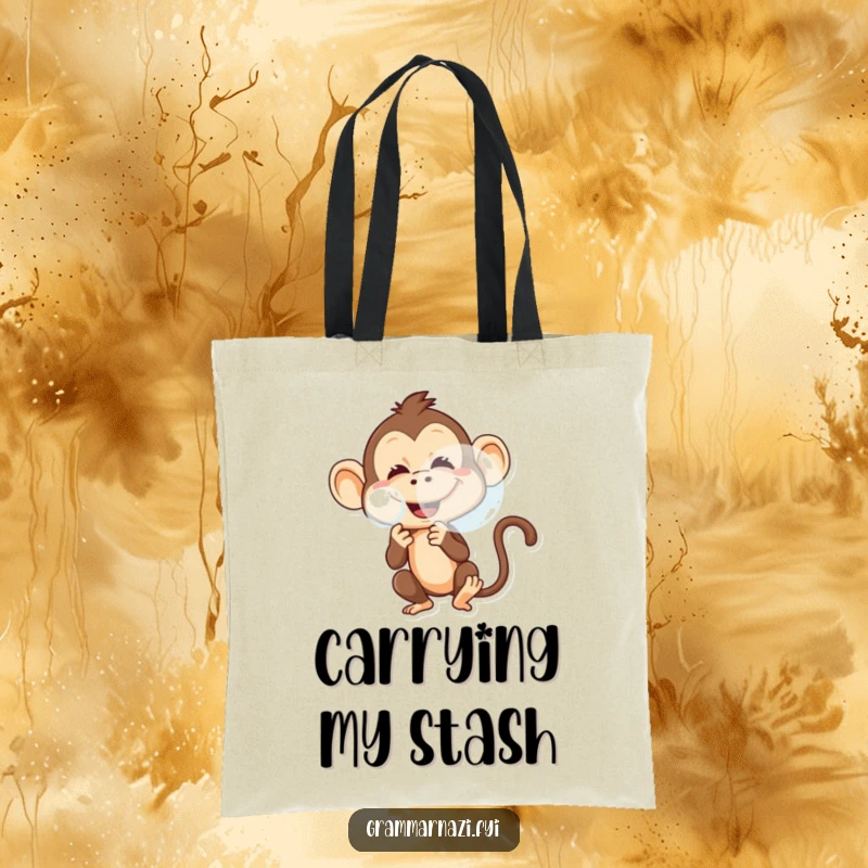 Funny tote bag with a mischievous monkey blowing a big bubble, its playful grin evident.