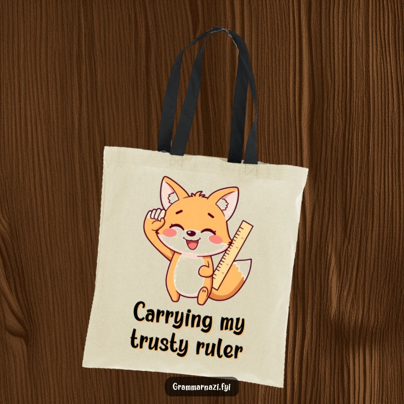 Funny Kawaii Fox Tote Bag: A smiling, cute fox enthusiastically salutes with a ruler, a humorous and practical accessory.