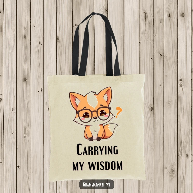Funny Tote Bag: A curious fox with spectacles examines a quotation mark, a whimsical accessory for carrying books.