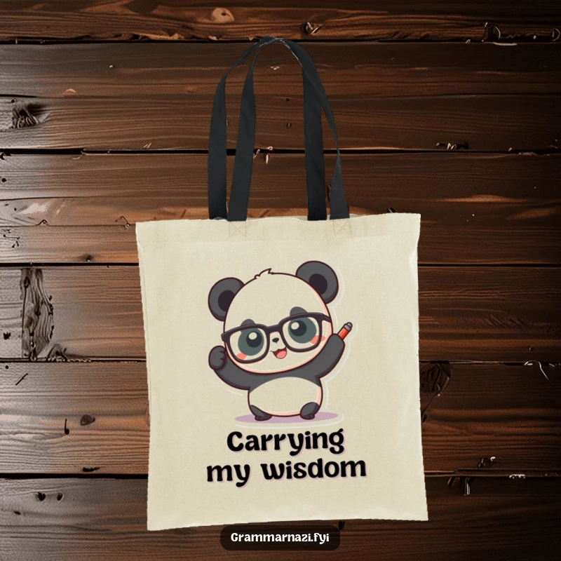 Funny panda wearing glasses and holding a red pen aloft, on a tote bag, for carrying books and essentials with wit.
