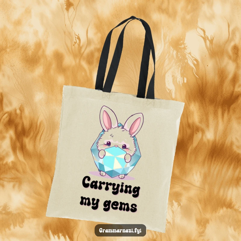 Funny tote bag featuring a fluffy bunny peeking from behind a giant, sparkly gemstone. Adorable.