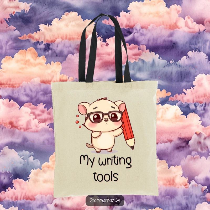 Funny tote bag with a small, determined creature with spectacles emphatically pointing at a floating, red pencil.