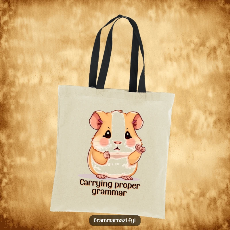 Funny tote bag featuring a determined guinea pig polishing a period, a humorous accessory for carrying essentials and showcasing grammar love.
