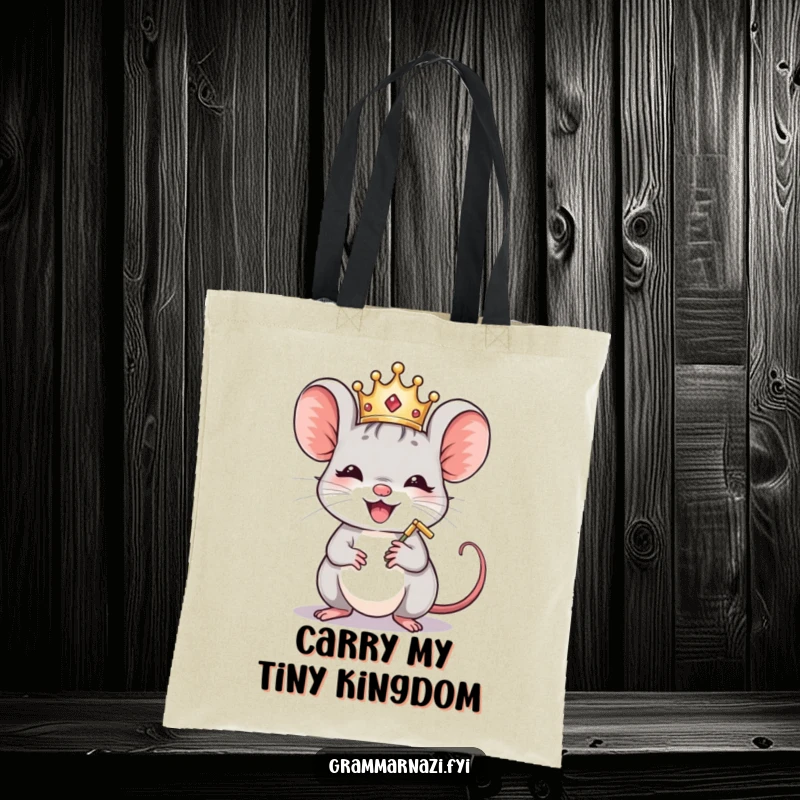Funny Mouse Crown Polisher Tote Bag: A regal mouse polishes a comma, ready for humorous literary errands.
