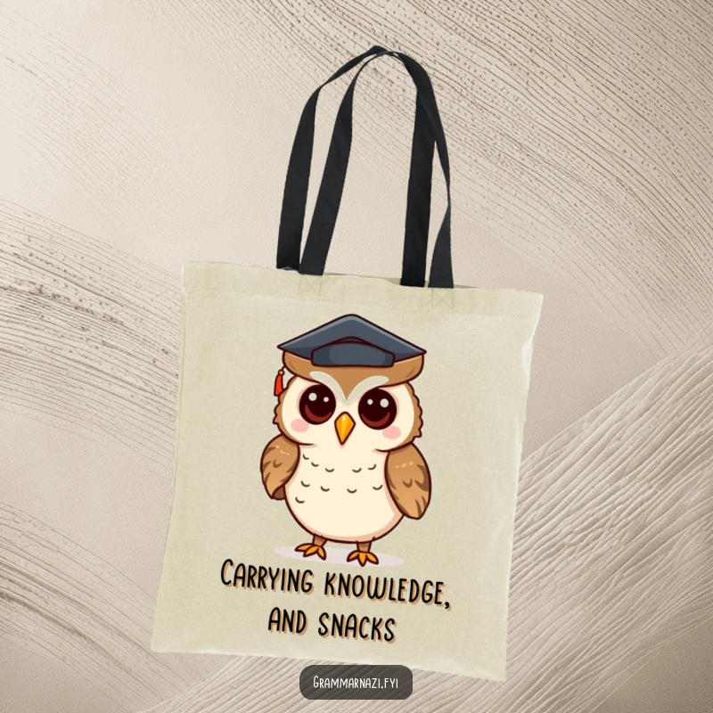 Funny tote bag with a curious owl in a mortarboard, correcting punctuation, a smart and humorous accessory.