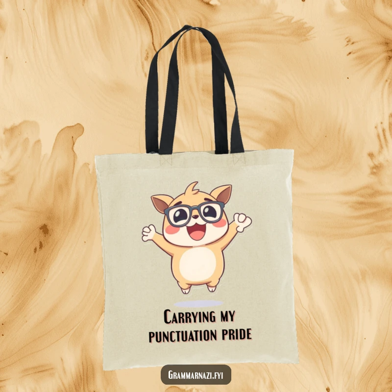 Funny tote bag with an excited, bespectacled creature joyfully holding a perfectly placed comma, symbolizing grammatical precision and style.