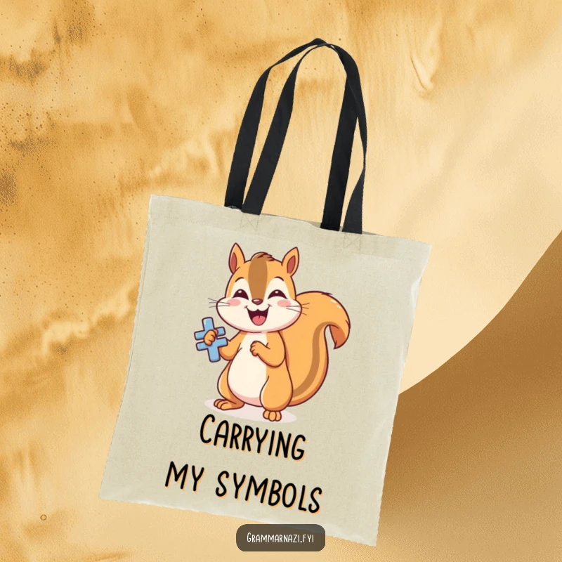 Funny squirrel grammar tote bag, polishing a shiny, perfectly formed grammatical symbol, humorous accessory for bookworms and writers.